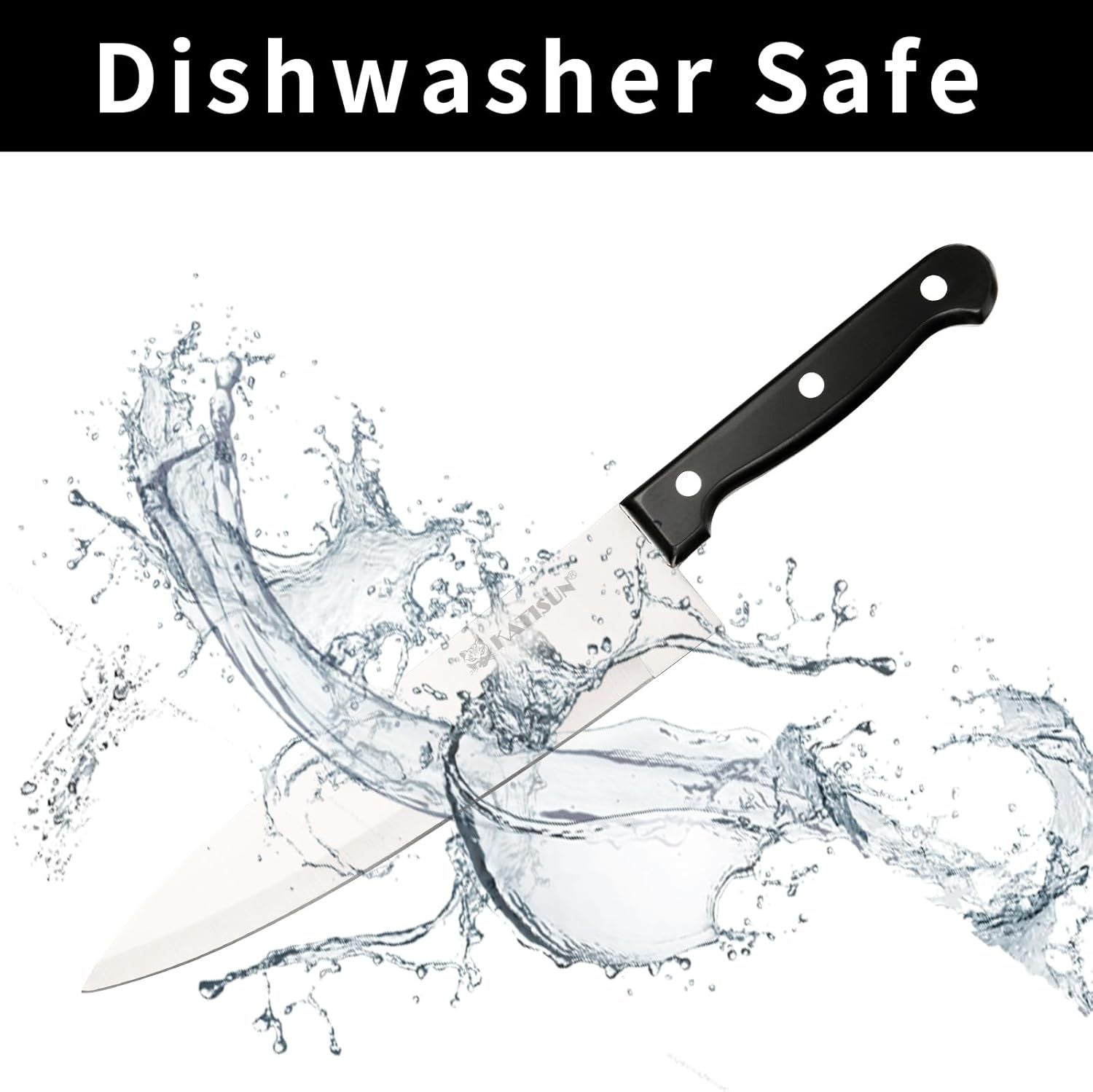 Knife with water splashes and 'Dishwasher Safe' text on a white background
