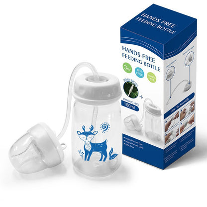 Hands-free feeding bottle with deer design and packaging on a white background