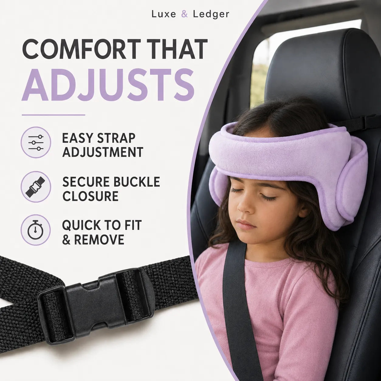 A child wearing a lavender adjustable car seat cushion and harness strap inside a car, with marketing text on the left reading 'COMFORT THAT ADJUSTS' and 'Luxe & Ledger' at the top.