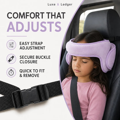 A child wearing a lavender adjustable car seat cushion and harness strap inside a car, with marketing text on the left reading 'COMFORT THAT ADJUSTS' and 'Luxe & Ledger' at the top.