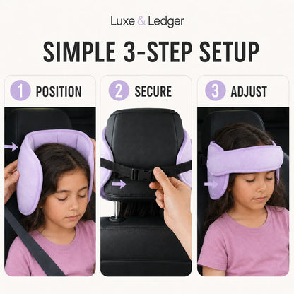Instructional graphic showing a child using a lavender neck pillow in a car seat, with three labeled steps: Position, Secure, and Adjust. The top reads 'Luxe & Ledger' and 'SIMPLE 3-STEP SETUP.