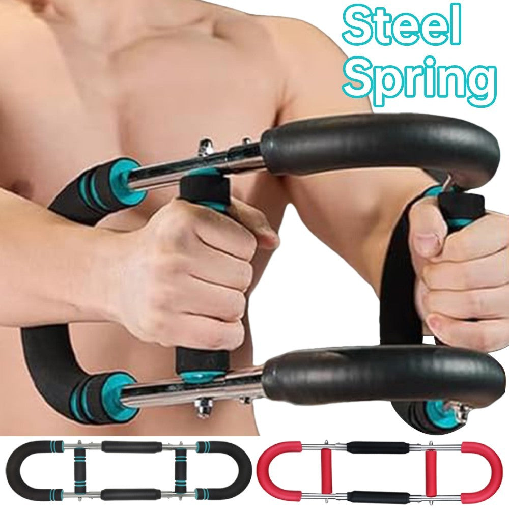 Person using a hand gripper with 'Steel Spring' text and additional hand grippers below on a white background.