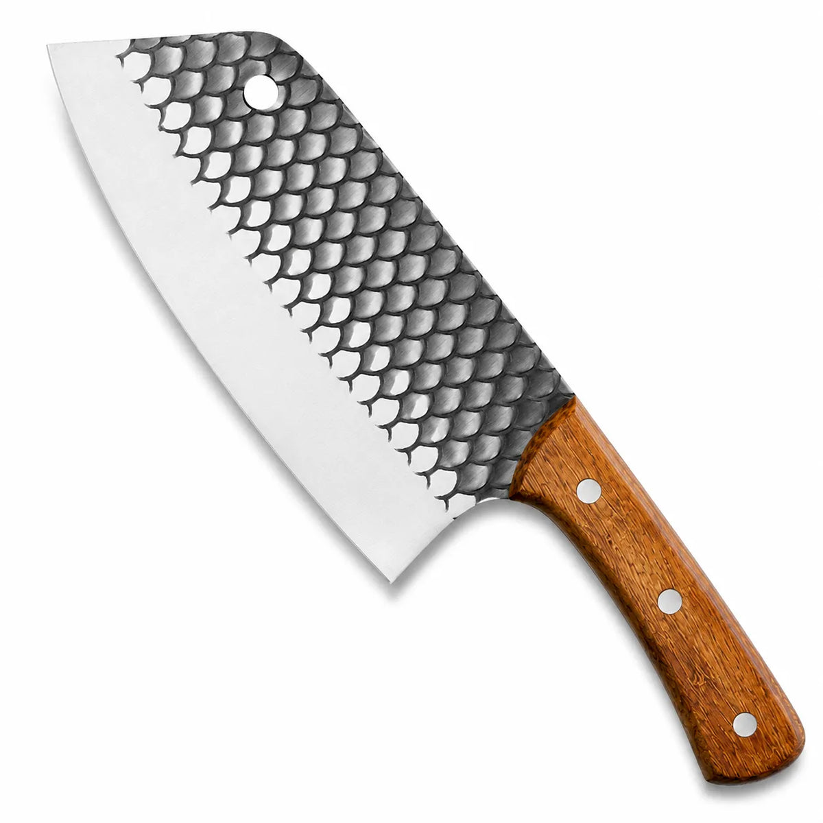 A cleaver-style kitchen knife with a textured, scale-patterned steel blade and a brown wooden handle, shown on a plain white background.