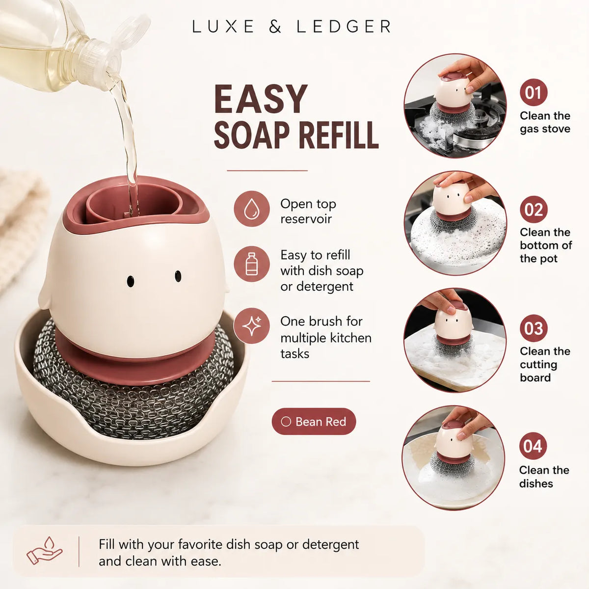 Luxe & Ledger Bean Red easy soap refill dishwashing sponge set, featuring a ceramic sponge holder with a built-in steel wire brush and a separate refill container shown being filled with liquid. The graphic includes a product feature list and a four-step visual guide on the right showing how to clean the stove, pot, cutting board, and dishes.