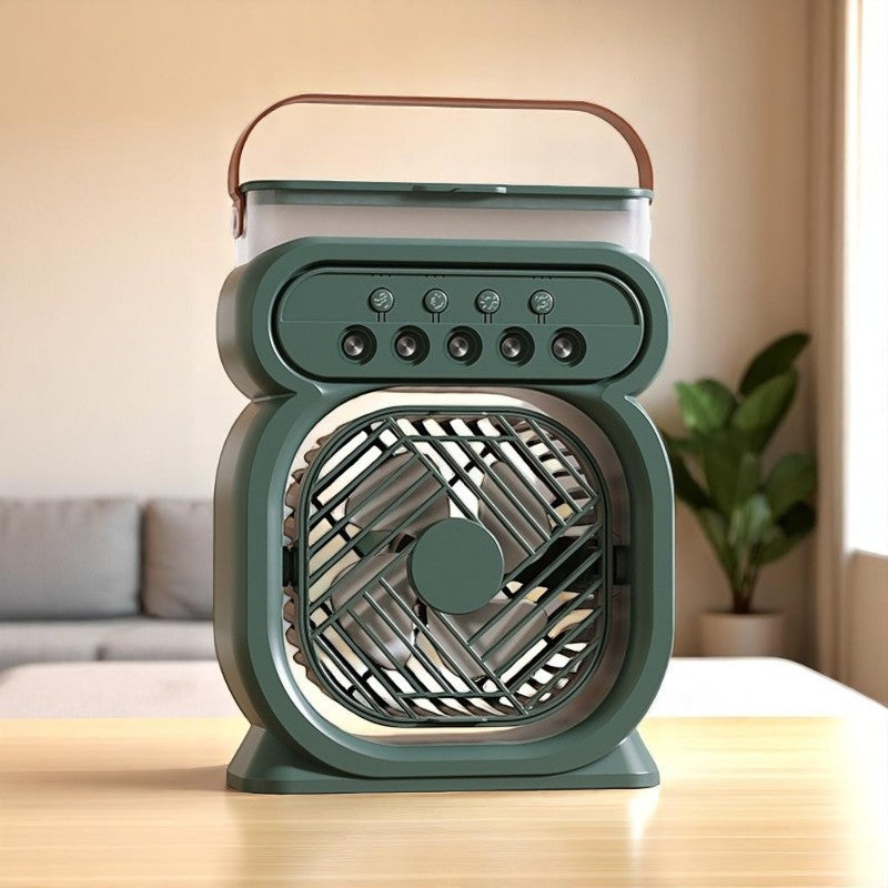 Green portable fan on a table with a blurred indoor background