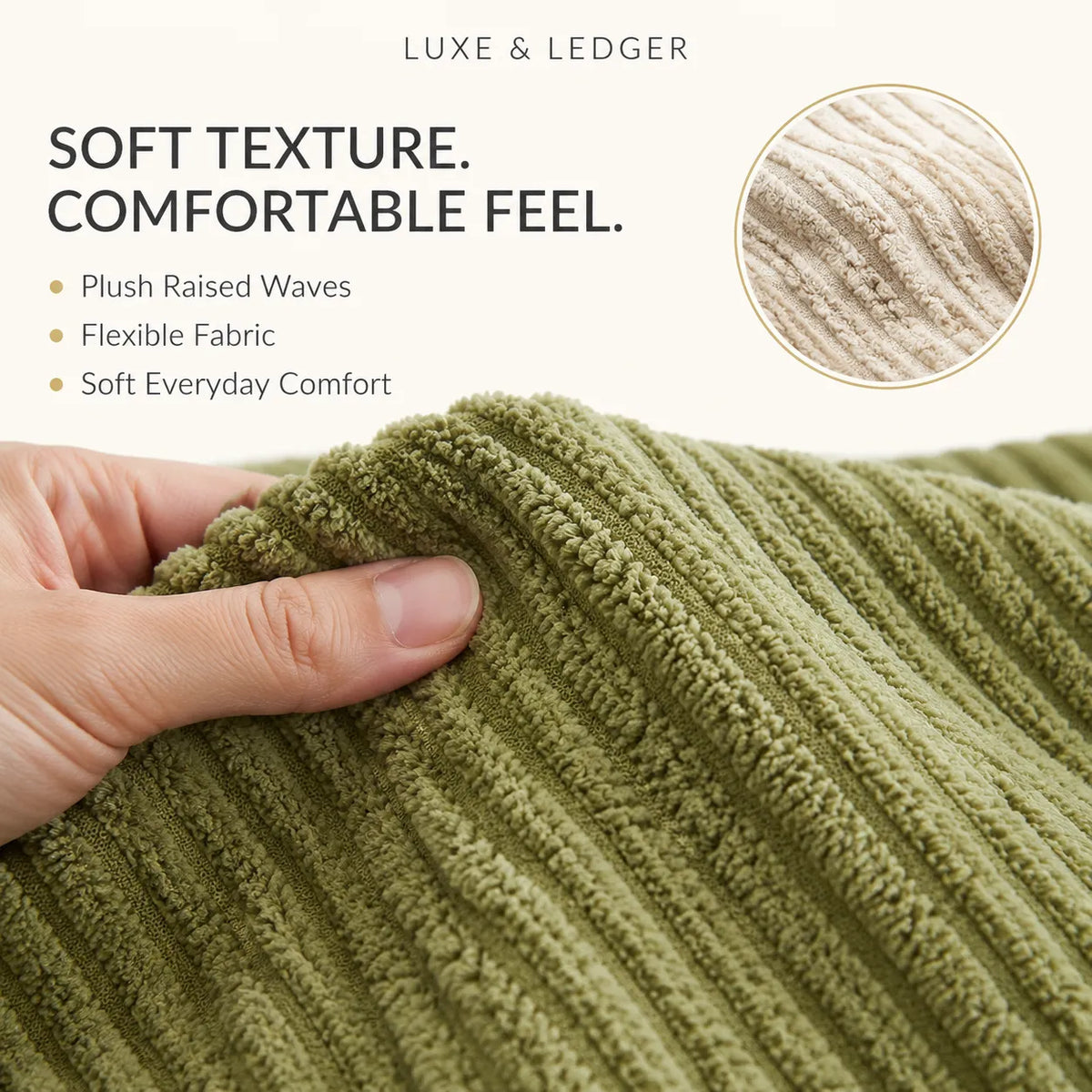 Close-up of a hand stretching a ribbed knit fabric to show its soft texture and flexibility, with text reading 'SOFT TEXTURE. COMFORTABLE FEEL.