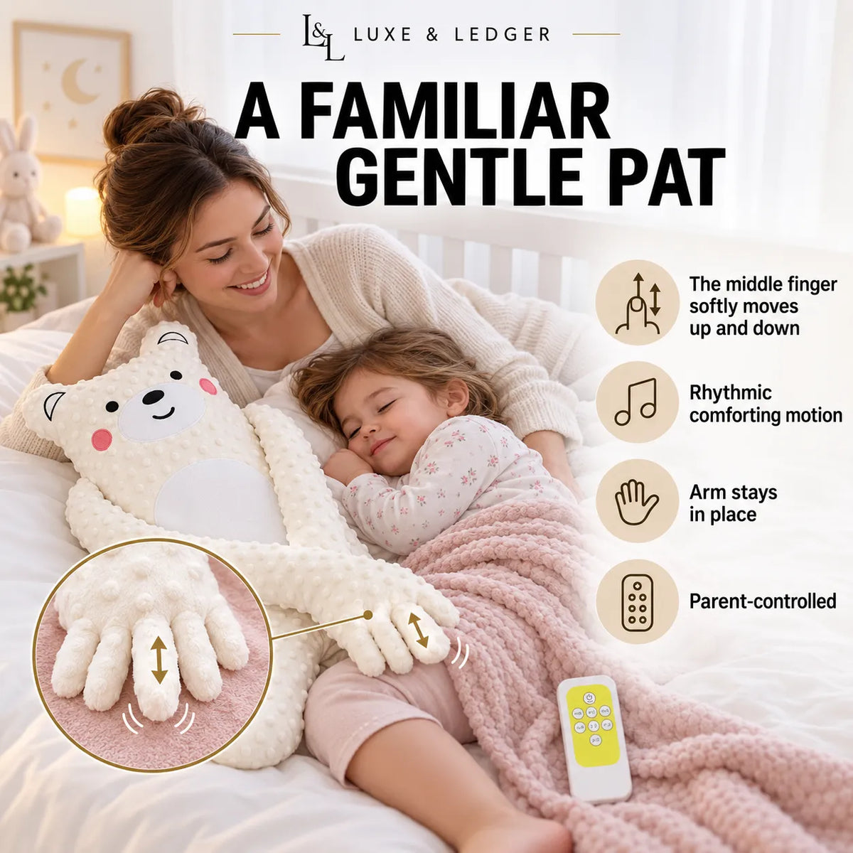 A woman and child lying in bed under a pink blanket, using a plush white bear-shaped patting toy with a remote control. The scene includes marketing text and feature icons explaining the product's gentle, rhythmic motion, arm staying in place, parent control, and adjustable finger depth.