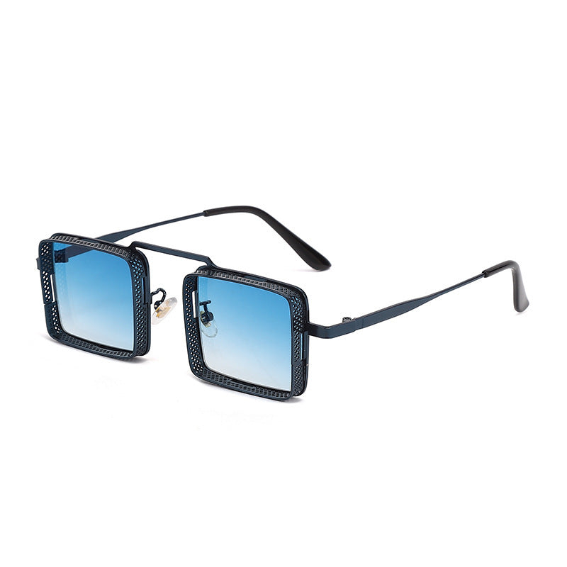 Sunglasses with blue gradient lenses and black frame on a white background