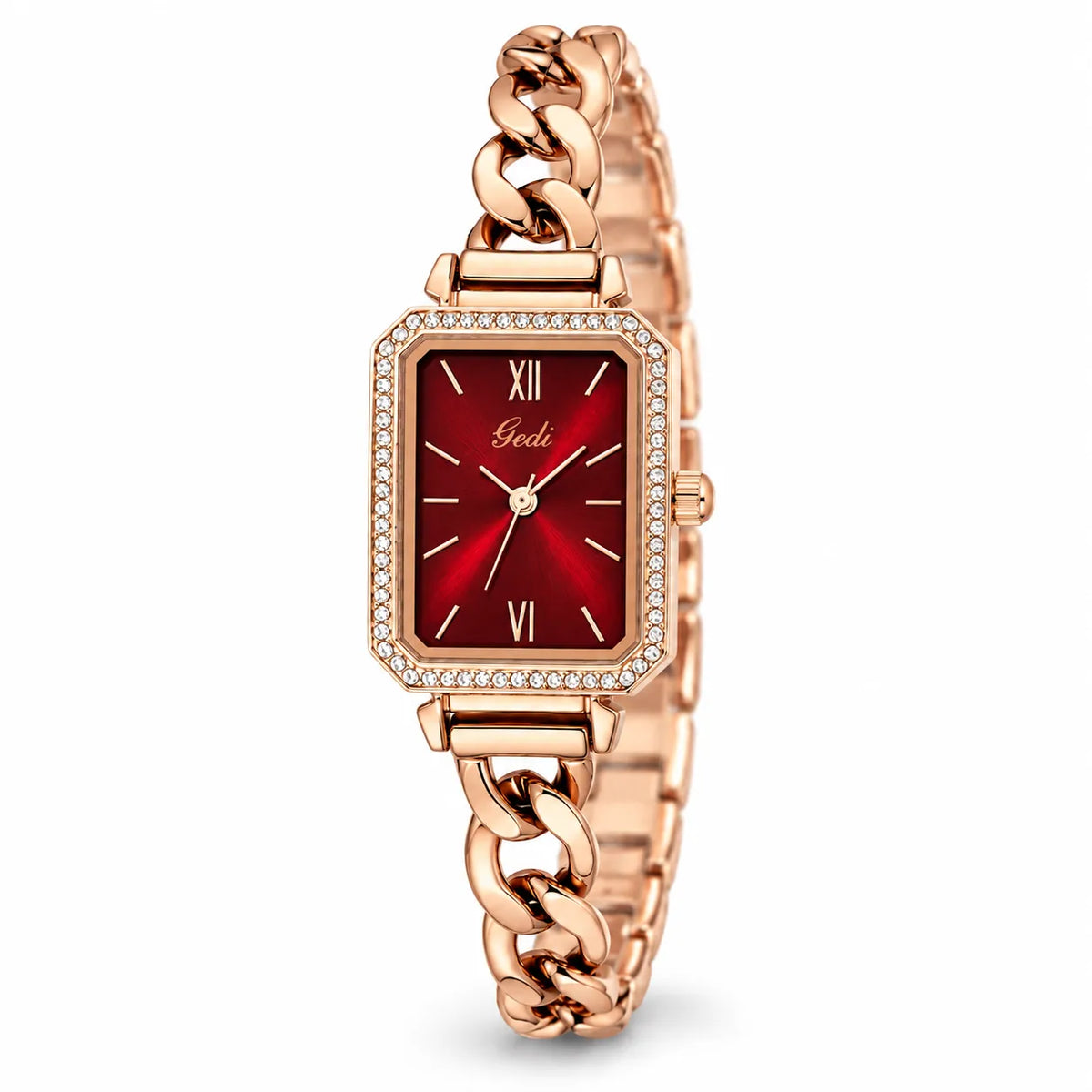 A women's rectangular analog watch with a rose gold-tone chain link bracelet, a crystal-embellished bezel, and a deep red sunburst dial with Roman numerals and the 'Gedl' brand logo.