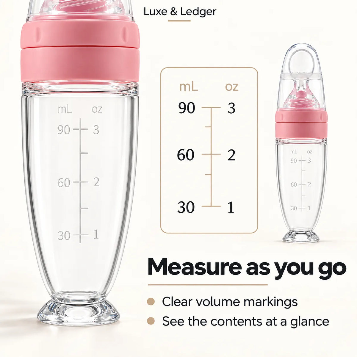 Clear baby bottle with a pink lid and printed volume markings in mL and oz, shown on a light beige background with a measurement reference chart and text reading 'Luxe & Ledger' and 'Measure as you go'.