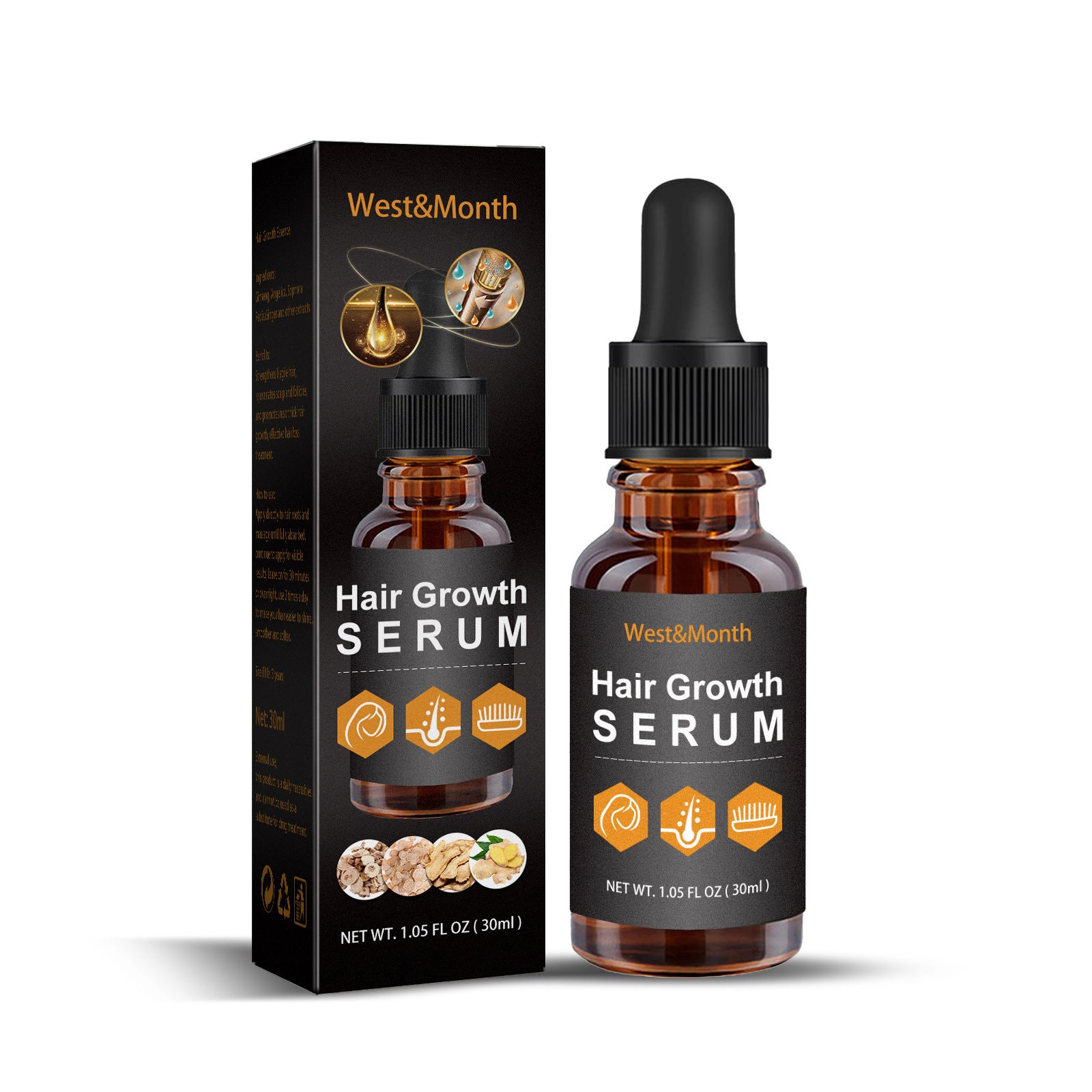 Hair growth serum bottle and packaging with 'West&Month' branding on a white background