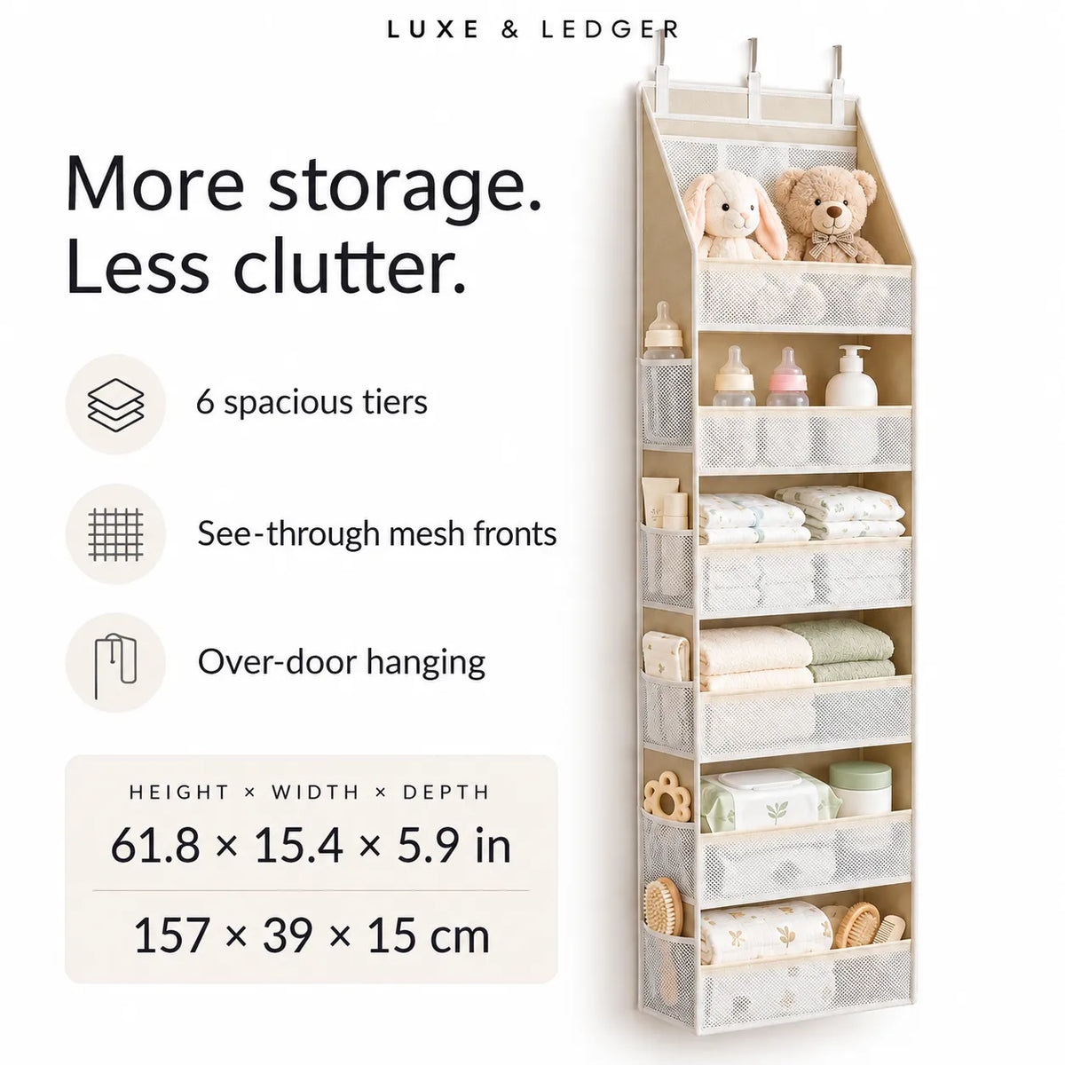 A hanging multi-tier baby storage organizer shown on a clean white background with marketing text and dimensions. The organizer has six mesh-front shelves, is shown over-door hanging, and contains baby items such as stuffed animals, bottles, folded textiles, and small accessories.