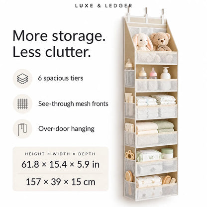 A hanging multi-tier baby storage organizer shown on a clean white background with marketing text and dimensions. The organizer has six mesh-front shelves, is shown over-door hanging, and contains baby items such as stuffed animals, bottles, folded textiles, and small accessories.