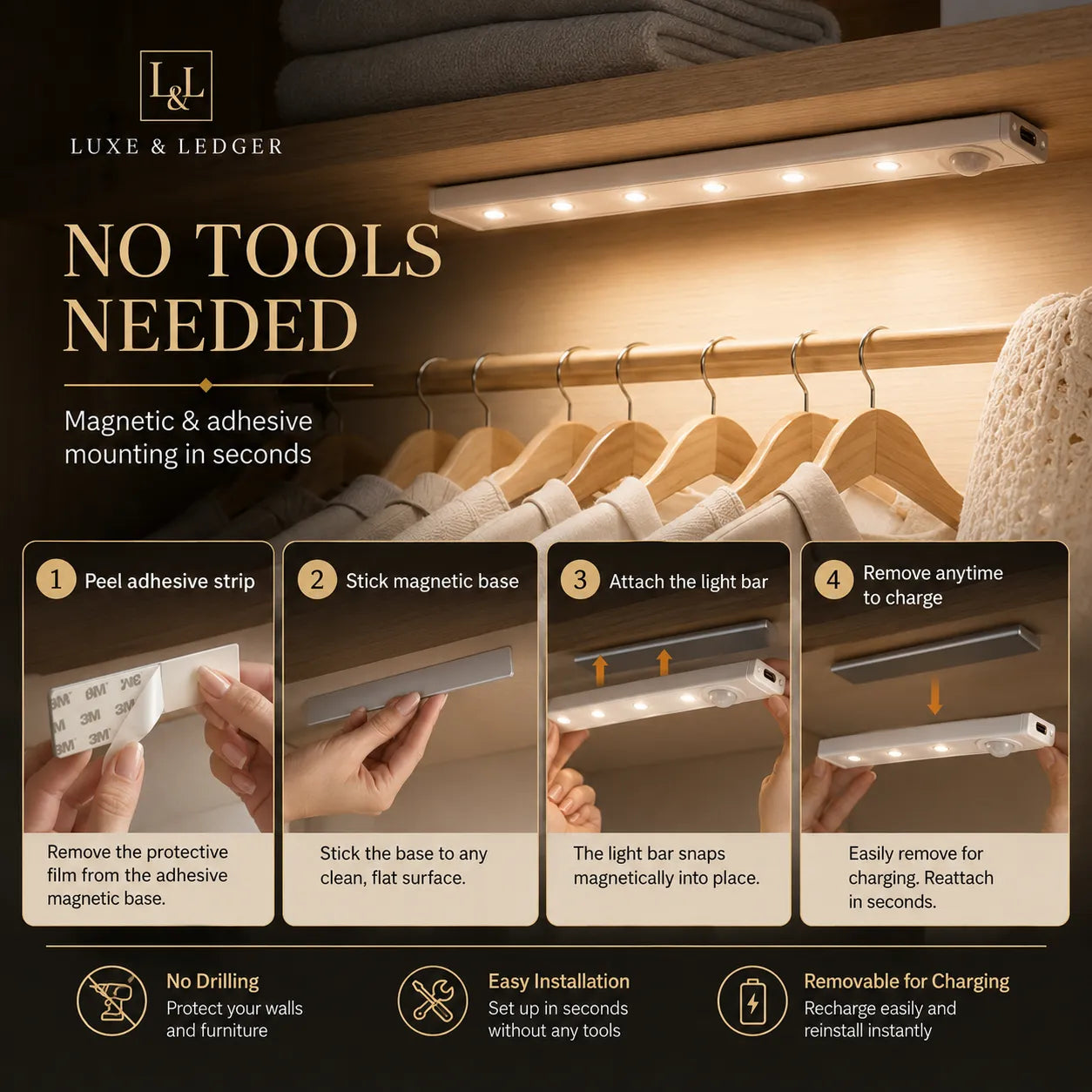Under-cabinet light installation process with magnetic and adhesive mounting on a wooden cabinet.