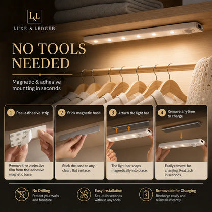 Under-cabinet light installation process with magnetic and adhesive mounting on a wooden cabinet.