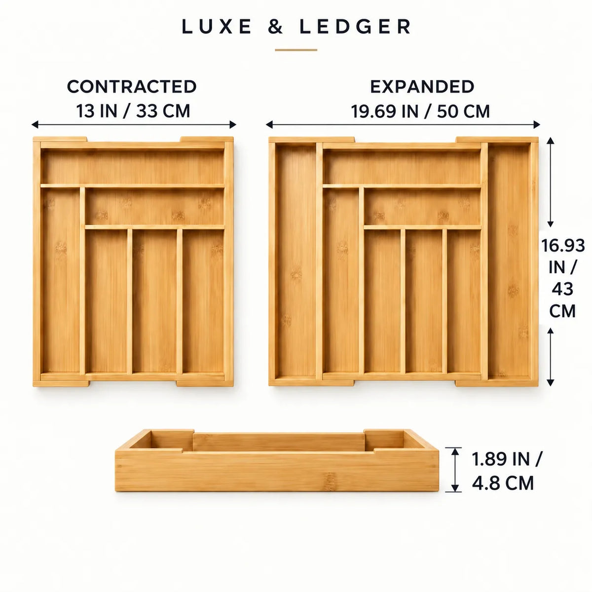 Bamboo drawer organizer shown with dimension labels for contracted and expanded widths and a depth measurement, on a light beige background with the text 'LUXE & LEDGER'.
