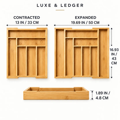 Bamboo drawer organizer shown with dimension labels for contracted and expanded widths and a depth measurement, on a light beige background with the text 'LUXE & LEDGER'.