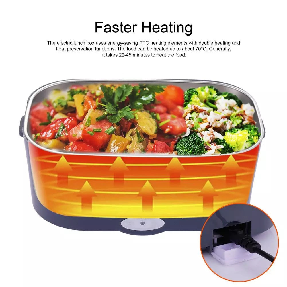 Electric lunch box with food and heating elements shown, plugged into a socket.