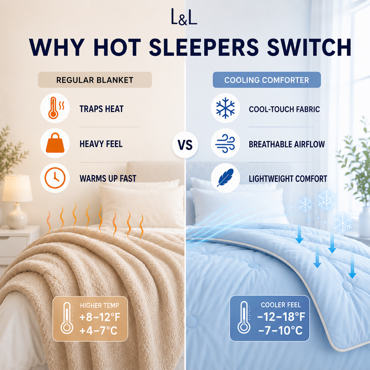 Comparison between a regular blanket and a cooling comforter with text and icons explaining their differences.