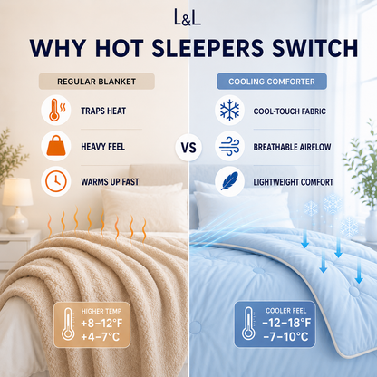 Comparison between a regular blanket and a cooling comforter with text and icons explaining their differences.