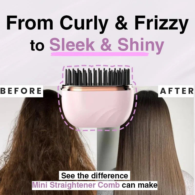 Before and after comparison of hair straightening with a mini straightener comb.