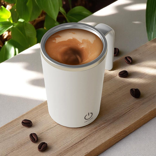White insulated mug with coffee on a wooden board with scattered coffee beans