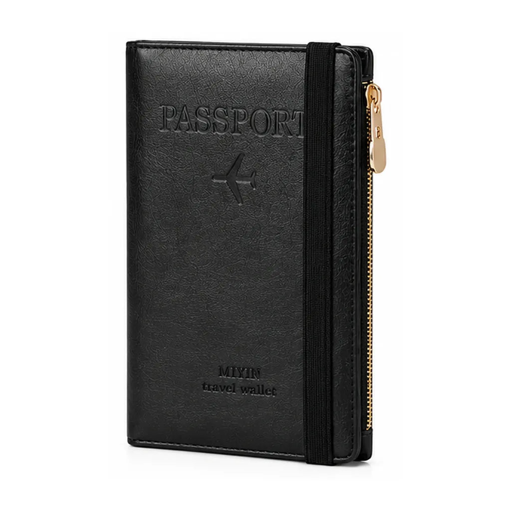 Black faux-leather passport holder and travel wallet with an elastic closure band and a gold-tone zipper, shown on a white background.
