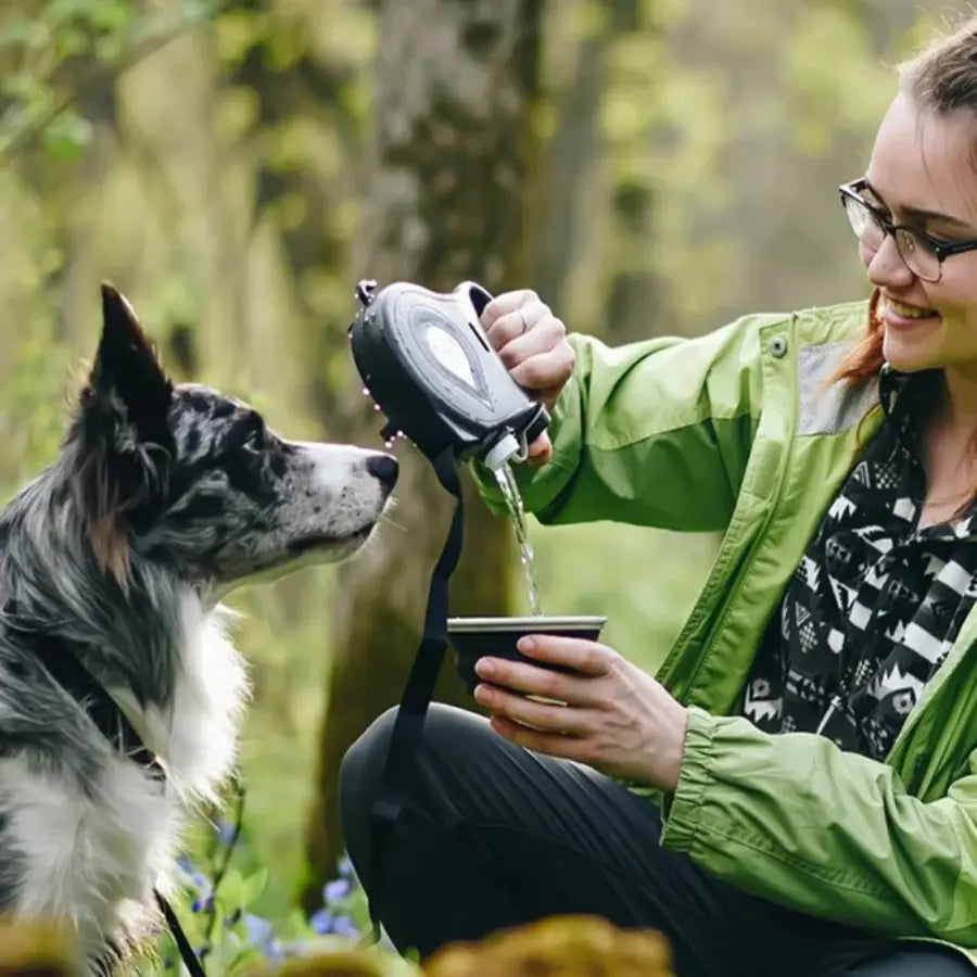 A person is crouching and holding a 3-in-1 pet leash which includes a traction rope, water bottle, and waste bag holder. A dog is drinking water from the bottle.