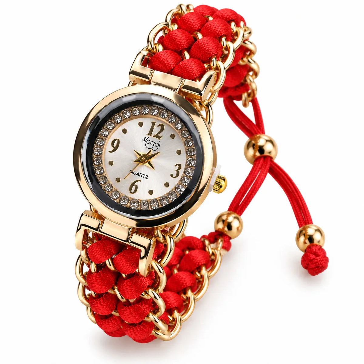 A women's quartz watch with a gold-tone chain and braided red cord bracelet, featuring a round white dial with crystal accents.