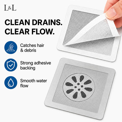 Two square drain cleaning strips shown on a white background, with one being peeled back by a hand. Text on the left reads 'CLEAN DRAINS.