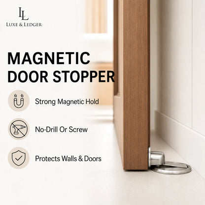 A stainless steel magnetic door stopper shown attached to the bottom edge of a wooden door in a clean interior setting, with text callouts reading 'Magnetic Door Stopper' and feature benefits including strong magnetic hold, no-drill or screw option, and protection of walls and doors. The Luxe & Ledger brand logo appears in the top left.
