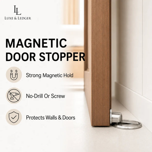 A stainless steel magnetic door stopper shown attached to the bottom edge of a wooden door in a clean interior setting, with text callouts reading 'Magnetic Door Stopper' and feature benefits including strong magnetic hold, no-drill or screw option, and protection of walls and doors. The Luxe & Ledger brand logo appears in the top left.