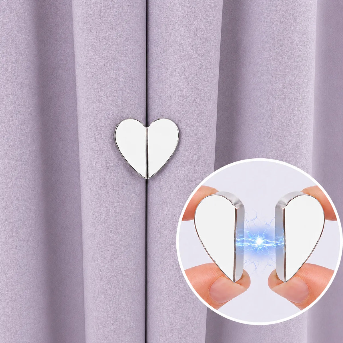 A pair of heart-shaped magnetic closet organizers shown attached to a lavender curtain, with an inset circle demonstrating the magnets snapping together when held by fingers.