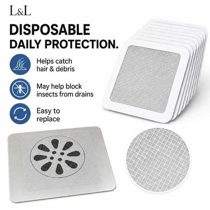 L&L disposable daily protection drain filters shown on a white background with product features listed on the left. The image includes a stack of square white filter pads, one flat filter pad with a circular drain opening, and a circular close-up of the mesh screen.