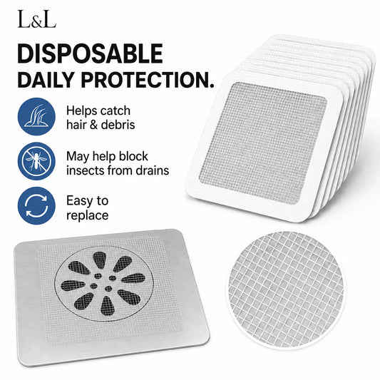 L&L disposable daily protection drain filters shown on a white background with product features listed on the left. The image includes a stack of square white filter pads, one flat filter pad with a circular drain opening, and a circular close-up of the mesh screen.