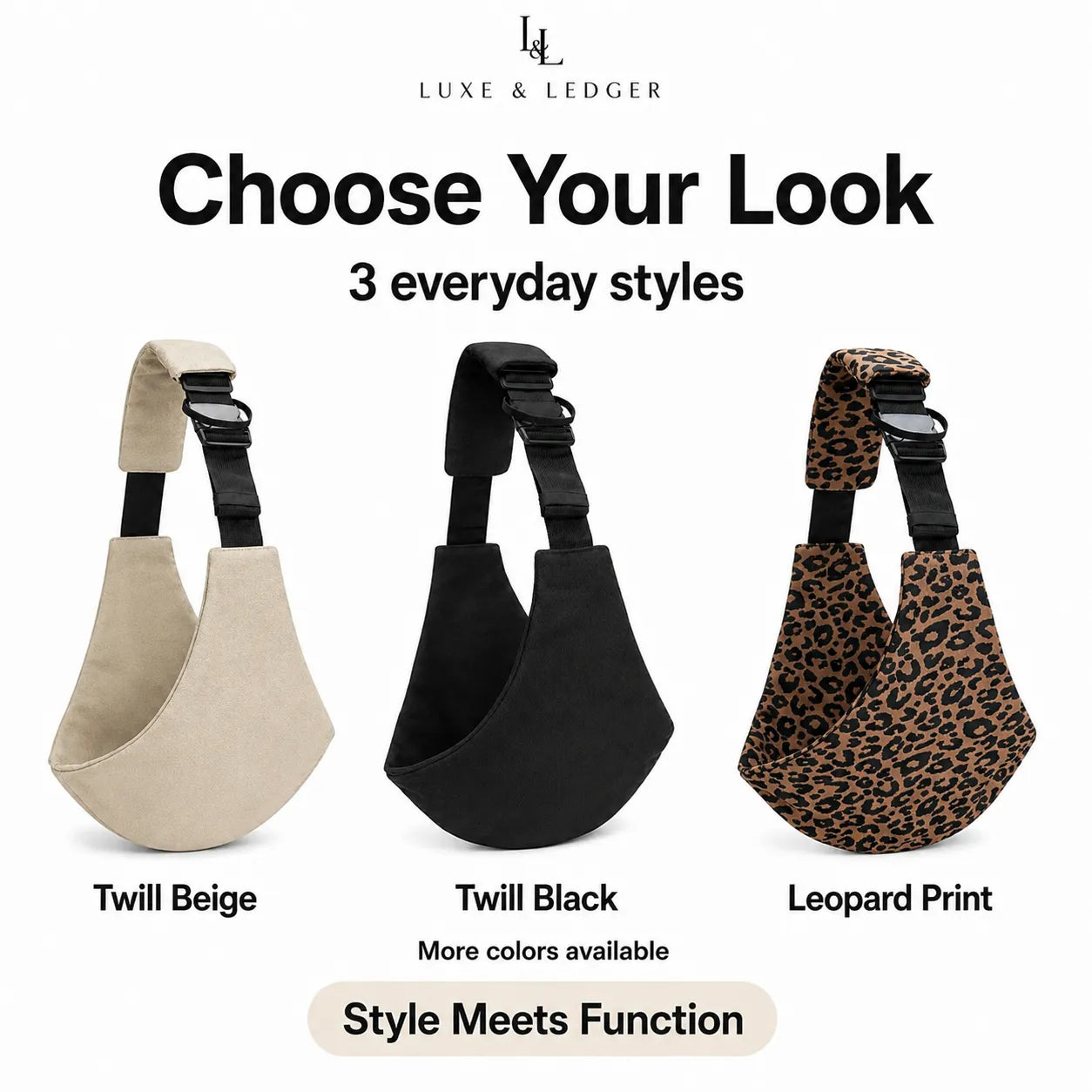 A promotional graphic for Luxe & Ledger showing three sling bag color options: Twill Beige, Twill Black, and Leopard Print. The image features three bags of different colors and patterns on a clean white background with descriptive text labels.