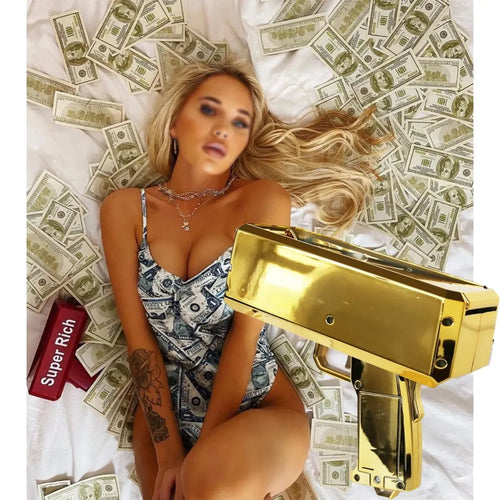 Woman lying on money with a gold gun, labeled 'Super Rich', on a white background