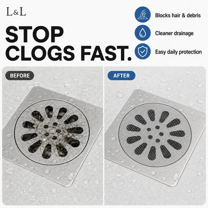 L&L stop clogs fast drain cover shown in a before-and-after comparison on a light gray tiled floor with water droplets. The left side shows a clogged drain, and the right side shows a clean, mesh-covered drain with text reading 'Blocks hair & debris', 'Cleaner drainage', and 'Easy daily protection'.