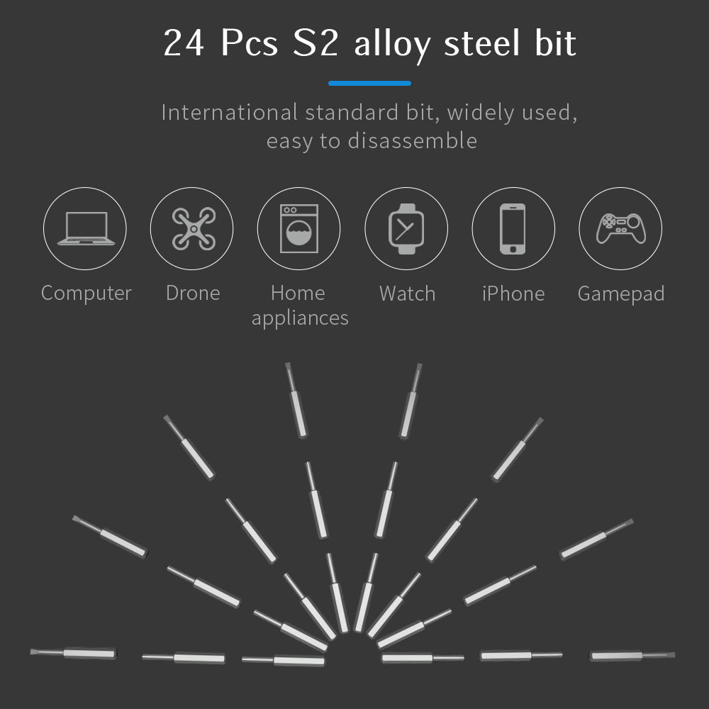 24-piece S2 alloy steel bit set with icons indicating compatibility on a dark background