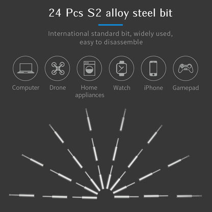 24-piece S2 alloy steel bit set with icons indicating compatibility on a dark background