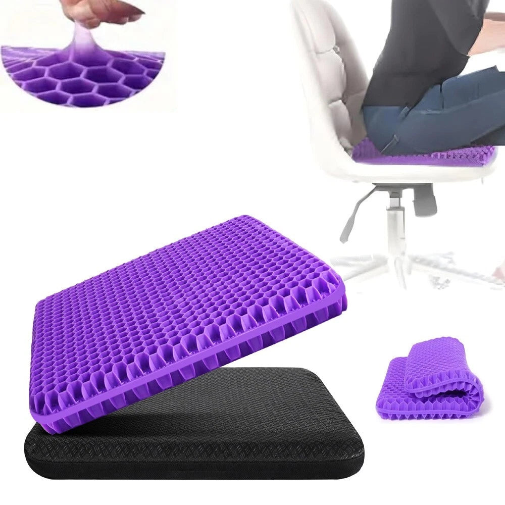 Purple and black seat cushion with honeycomb design on a white background