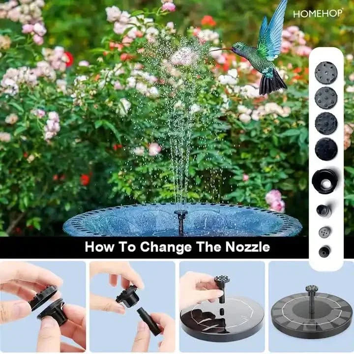 Solar fountain with hummingbird illustration and step-by-step guide on changing the nozzle.