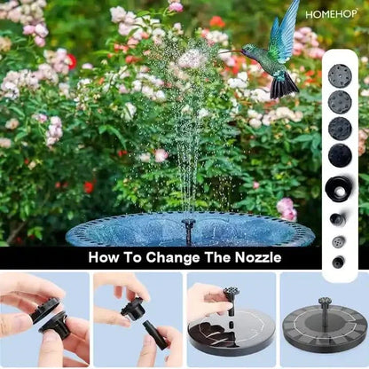 Solar fountain with hummingbird illustration and step-by-step guide on changing the nozzle.