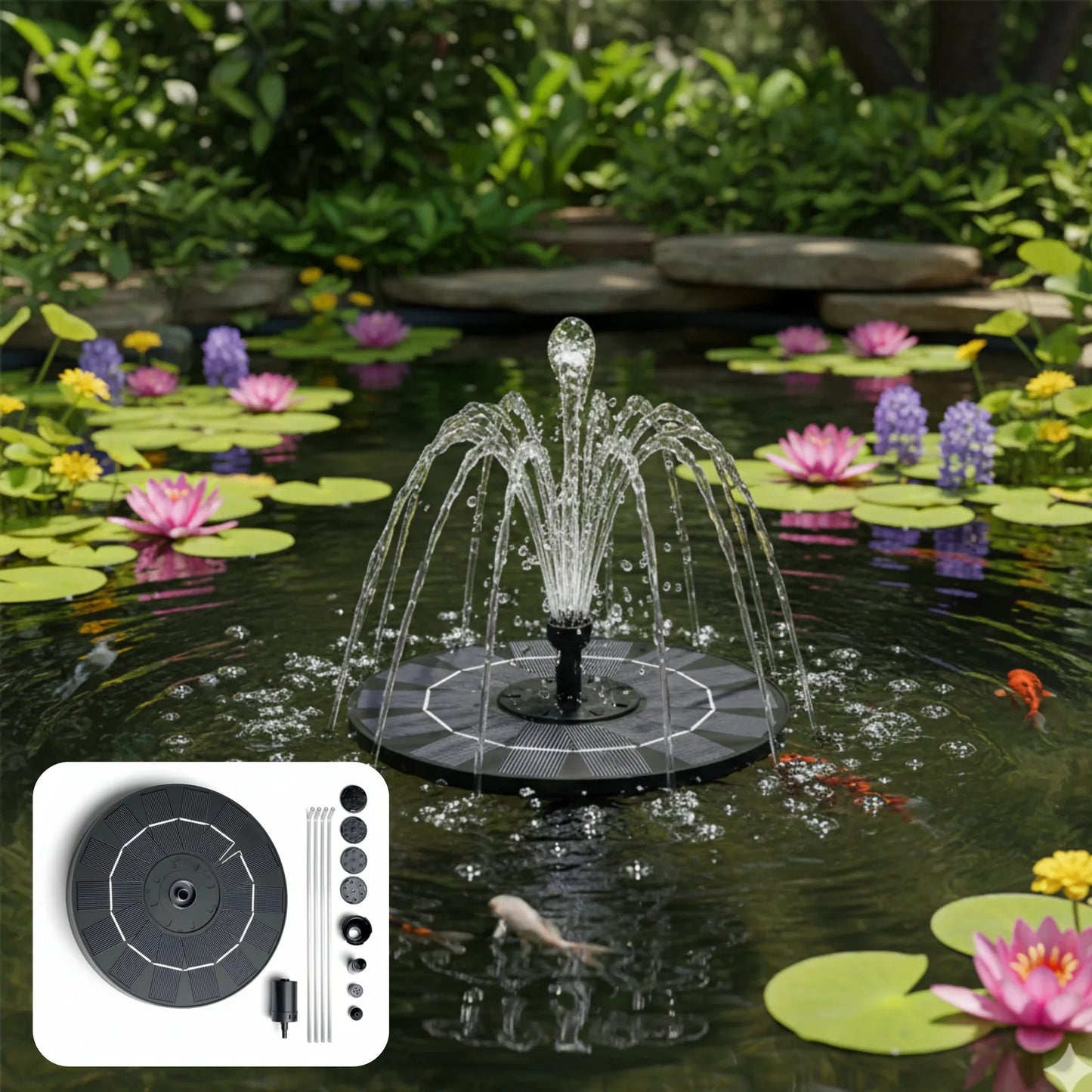 Solar pond fountain with water feature in a garden pond with lilies
