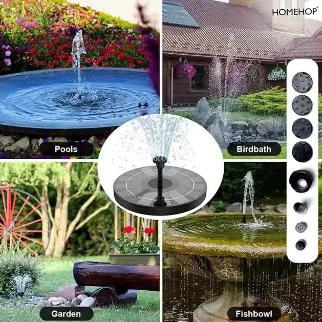 Solar water fountain with various application scenarios including pools, birdbaths, gardens, and fishbowls.
