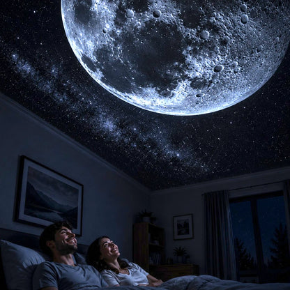 Couple in bed looking up at a large moon projected onto the ceiling.
