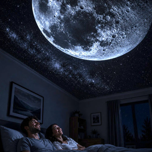 Couple in bed looking up at a large moon projected onto the ceiling.