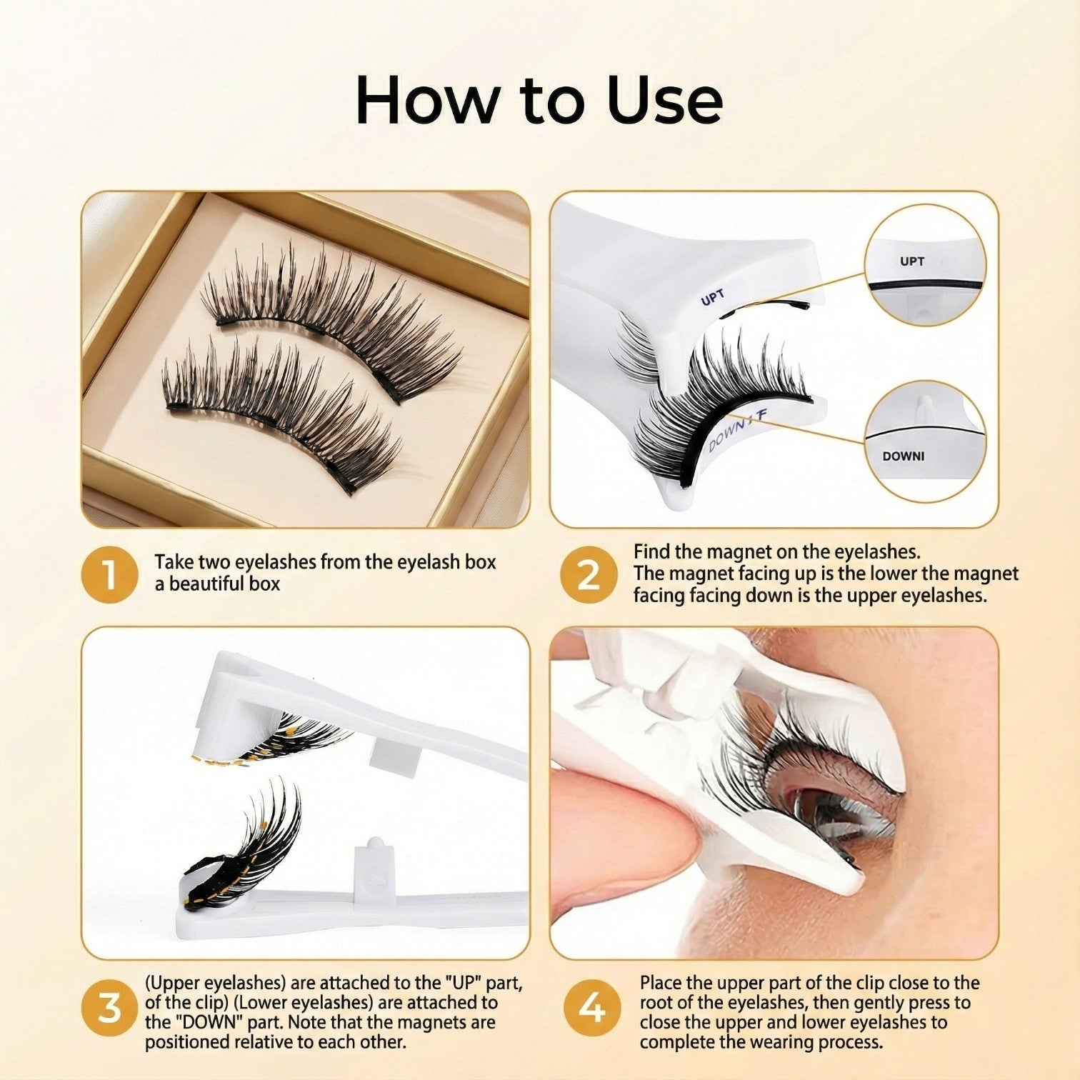 Instructions on how to use magnetic eyelashes with text and images.