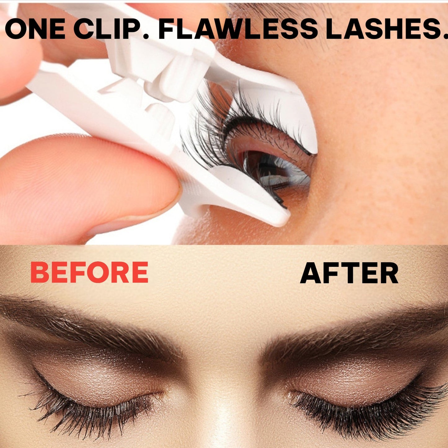Before and after application of false eyelashes with a clip tool.
