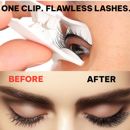 Before and after application of false eyelashes with a clip tool.